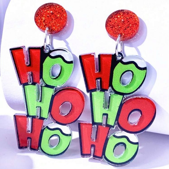 Hi Ho Ho Christmas Red & Green Dangle Acrylic Earrings - Picture 1 of 7